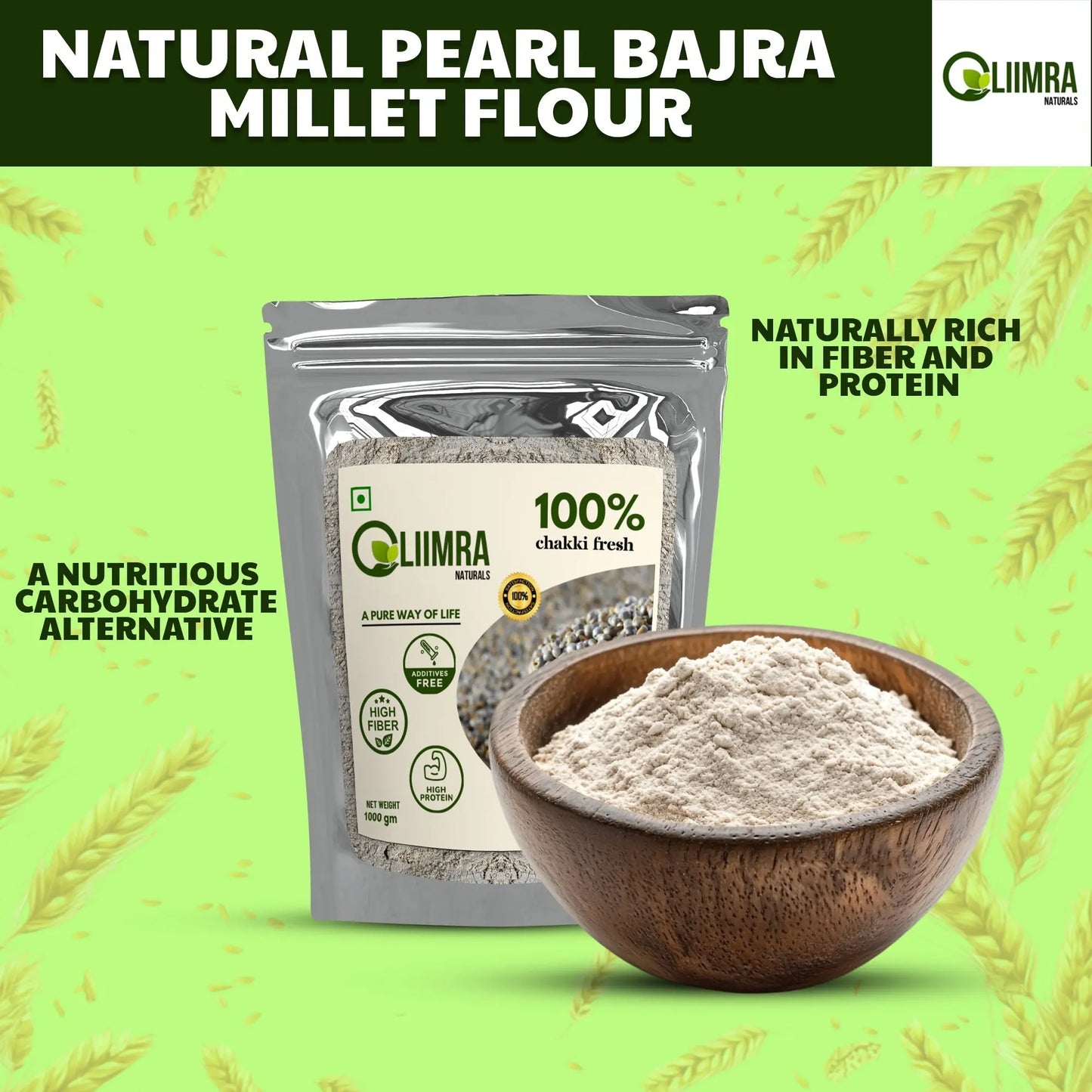 Liimra Naturals Pearl Millet Bajra Flour - High Fiber, Protein-Packed, Low GI, Gluten-Free , Mineral Rich, 100% Chakki Fresh Flour (500 Gram) Liimra Naturals