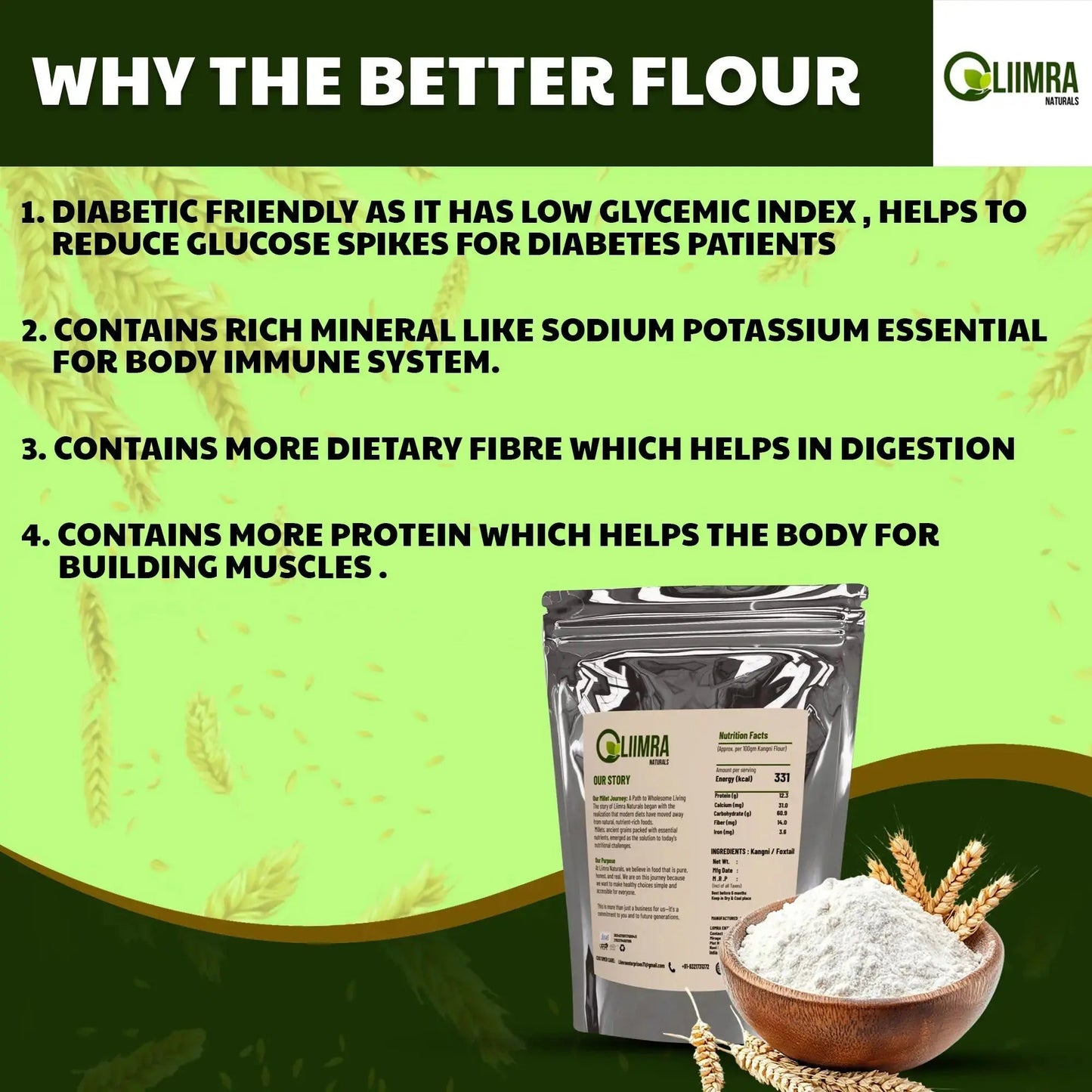 Liimra Naturals Foxtail Kangni Millet Flour - High Fiber, Protein-Packed, Low GI, Gluten-Free , Mineral Rich, 100% Chakki Fresh Flour (500 Gram) Liimra Naturals