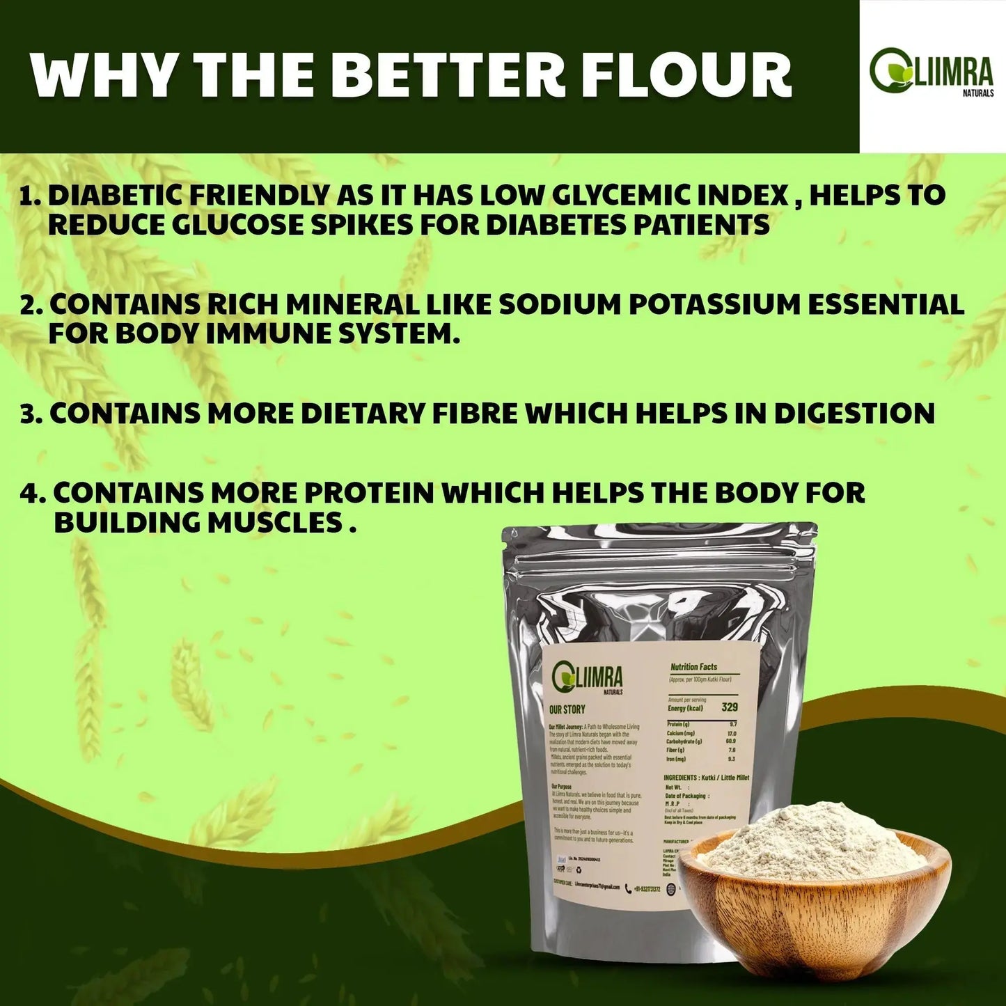 Liimra Naturals Little Millet Kutki Flour - High Fiber, Protein-Packed, Low GI, Gluten-Free , Mineral Rich, 100% Chakki Fresh Flour (500 Gram) Liimra Naturals
